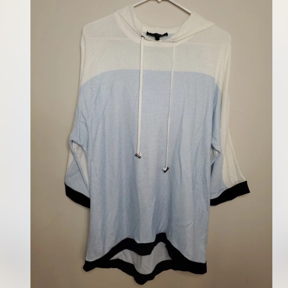 St. John Lightweight Cashmere Silk Blend Hooded Sweater Blue White Small